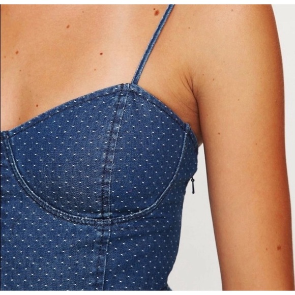 Free People Polka Dot Chambray Denim Corset Mini Dress 100% Cotton - Picture 7 of 15